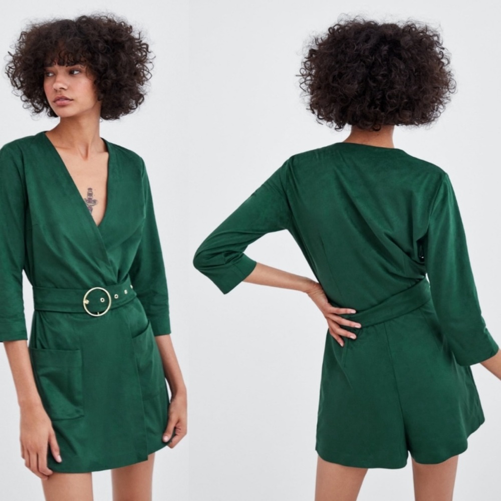 ZARA Faux Leather Romper In Green L.